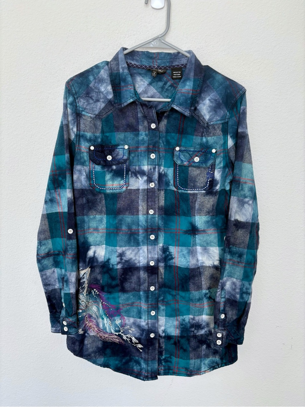 Miss Me Western Inspired Tie-Dye Plaid Embroidered Embellished Button Down Tunic